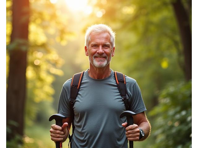 Porträt eines sympathischen Mannes mittleren Alters, der mit Walking-Stöcken in einem Wald steht, sportlich und ausgeglichen aussieht.