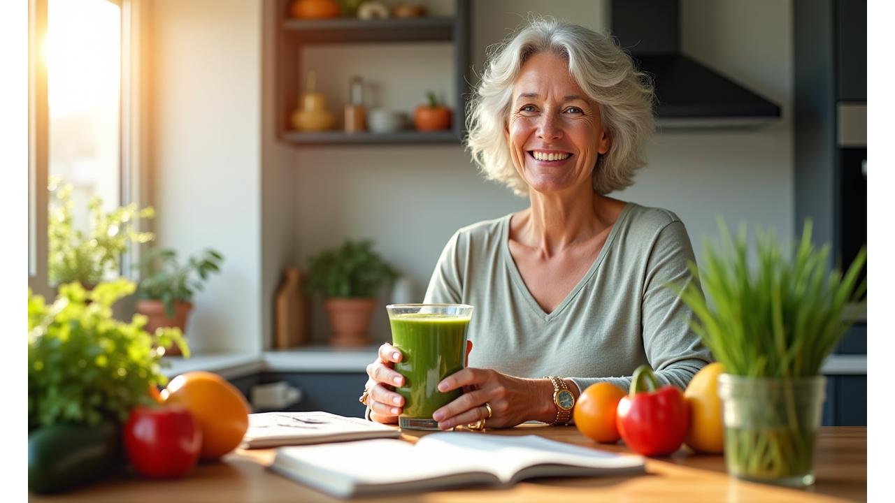 Eine lachende Frau mittleren Alters genießt einen grünen Smoothie in einer hellen, modernen Küche mit frischem Obst und einem aufgeschlagenen Notizbuch
