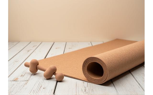 Nachhaltige Yogamatte aus Kork und ein Set Hanteln aus recyceltem Material auf einem hellen Holzboden.