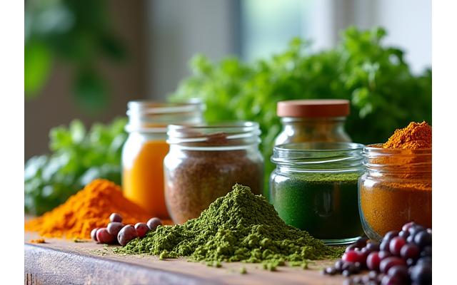 Mehrere Gläser mit bunten, organischen Superfoods und Nahrungsergänzungsmitteln auf einem hölzernen Küchentisch, mit frischen Zutaten im Hintergrund.
