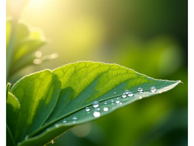 Grünes Blatt mit Wassertropfen, das Wachstum und Frische symbolisiert, mit sanftem unscharfen Hintergrund eines menschlichen Gesichts im Profil, das Ruhe ausstrahlt.