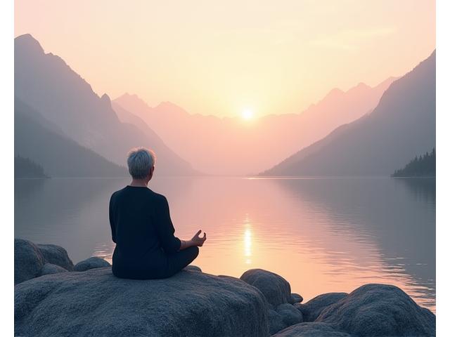 Eine Person meditiert friedlich im Schneidersitz auf einer Felsformation mit Blick auf einen ruhigen Bergsee und bewaldete Hügel bei Sonnenaufgang.