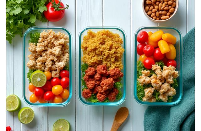 Mehrere vorbereitete, gesunde Mahlzeiten in wiederverwendbaren Behältern, appetitlich angerichtet für eine Arbeitswoche.