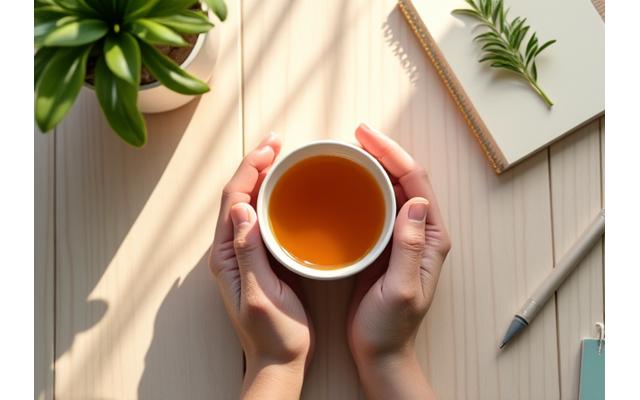 Eine Person meditiert ruhig im Morgenlicht, mit Notizbuch und einer Tasse Kräutertee in der Nähe.