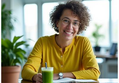Eine junge Frau meditiert oder macht eine Achtsamkeitsübung im Büro, mit einem Notizbuch und einem grünen Smoothie, um ihre Energie zu managen.