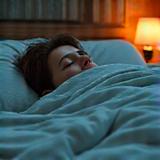 Eine friedlich schlafende Person unter einer weichen Decke in einem gemütlichen, abgedunkelten Schlafzimmer.