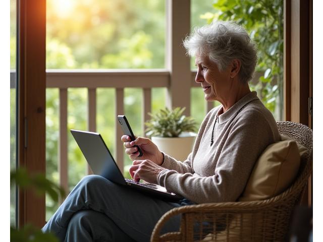 Person legt Smartphone und Laptop weg, während sie ein Buch in einem naturnahen, ruhigen Rückzugsort liest.