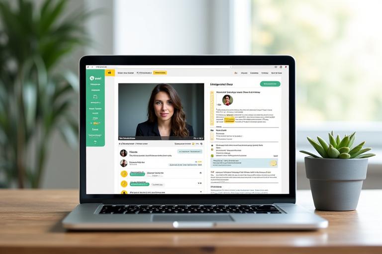 Klare und intuitive Benutzeroberfläche einer Online-Kursplattform mit Live-Video und Chat-Fenstern, auf einem Laptop.